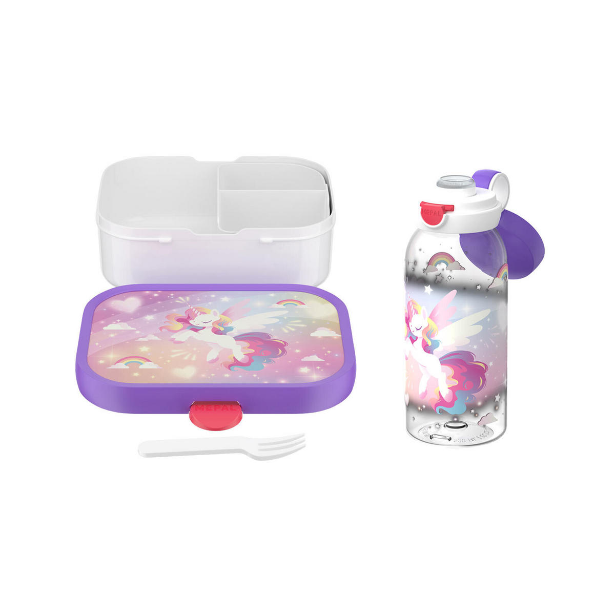 LUNCHSET (FLASCHE MIT KLAPPDECKEL) Campus Unicorn Glow 600 ml + 750 ml 2er Set - Lila/Multicolor, Kunststoff (10.8/21.8/21.8cm) - Mepal