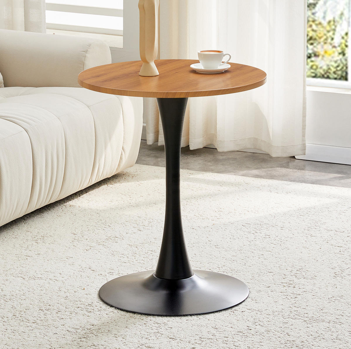 BEISTELLTISCH 60/60/72 cm mit runder Tischplatte, Thermoform-Oberfläche und stabilem Metallfuß, Schwarz/Holzfarben - Naturfarben, Holzwerkstoff (60/60/72cm) - Redom
