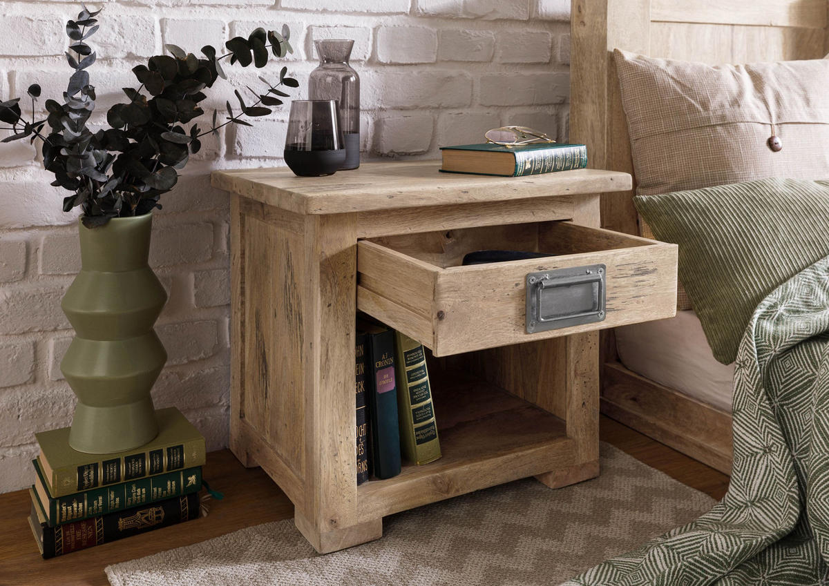 NACHTTISCH Mango 50x40x45 whitewash lackiert RAILWAY #387 - Beige, Holz (50/45/40cm) - Massivmoebel24