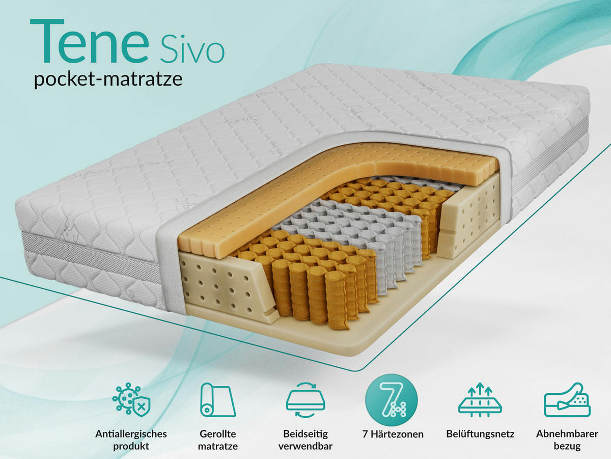 TASCHENMATRATZE TENE - 200/200 - H3 - Sivo - Weiß, Textil (200/200cm) - MKS