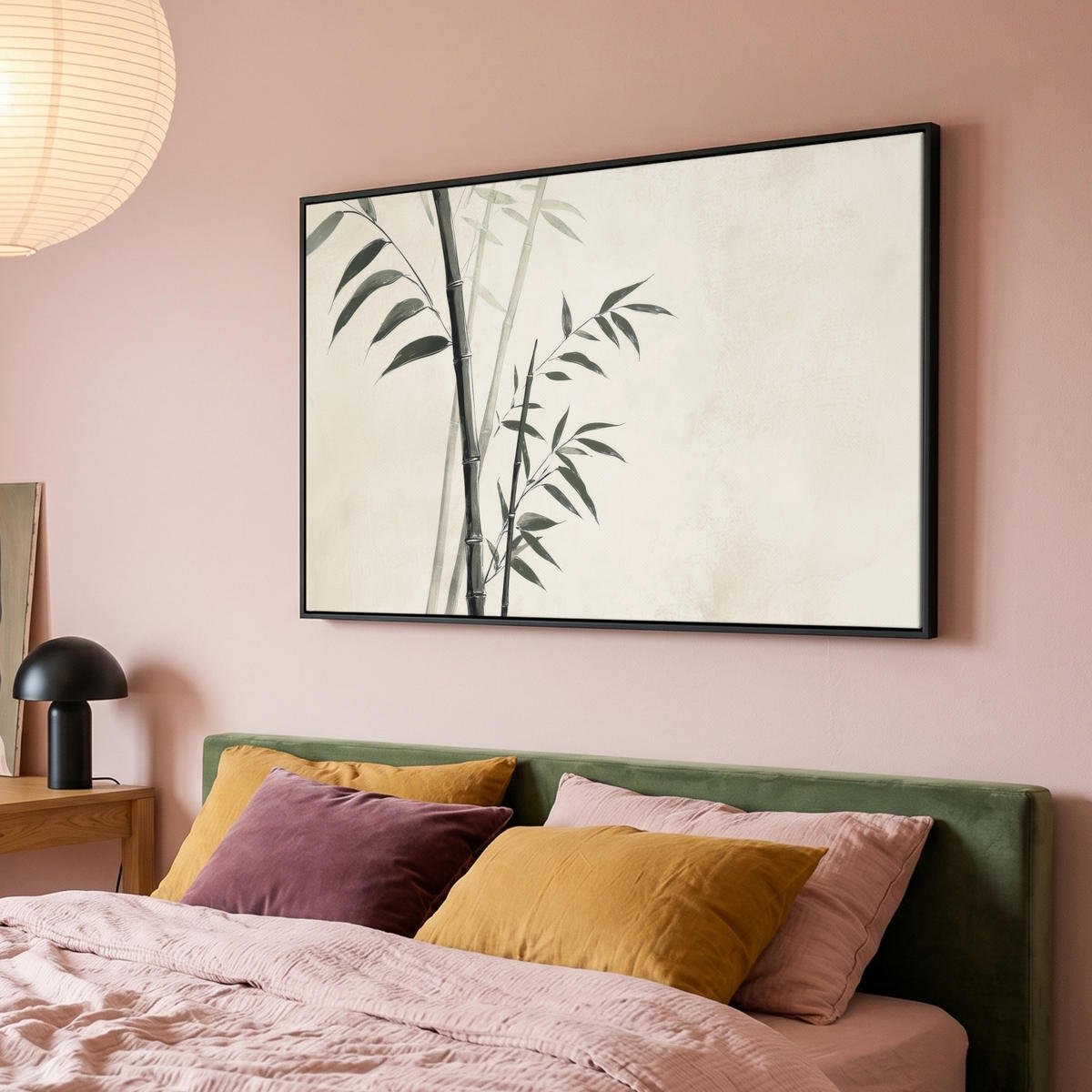 LEINWAND Bilder mit Rahmen - Japandi - Bambus - Beige - 150x100 - Eukalyptusholzfarben, Textil (150/100cm) - MuchoWow