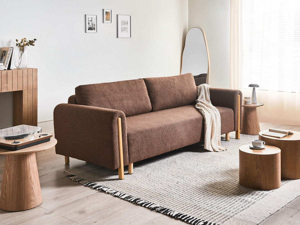 ROZKLÁDACÍ POHOVKA 3-místná Bouclé Hnědá s úložným prostorem Kvam - hnědá, textil (242/85/99cm) - Beliani