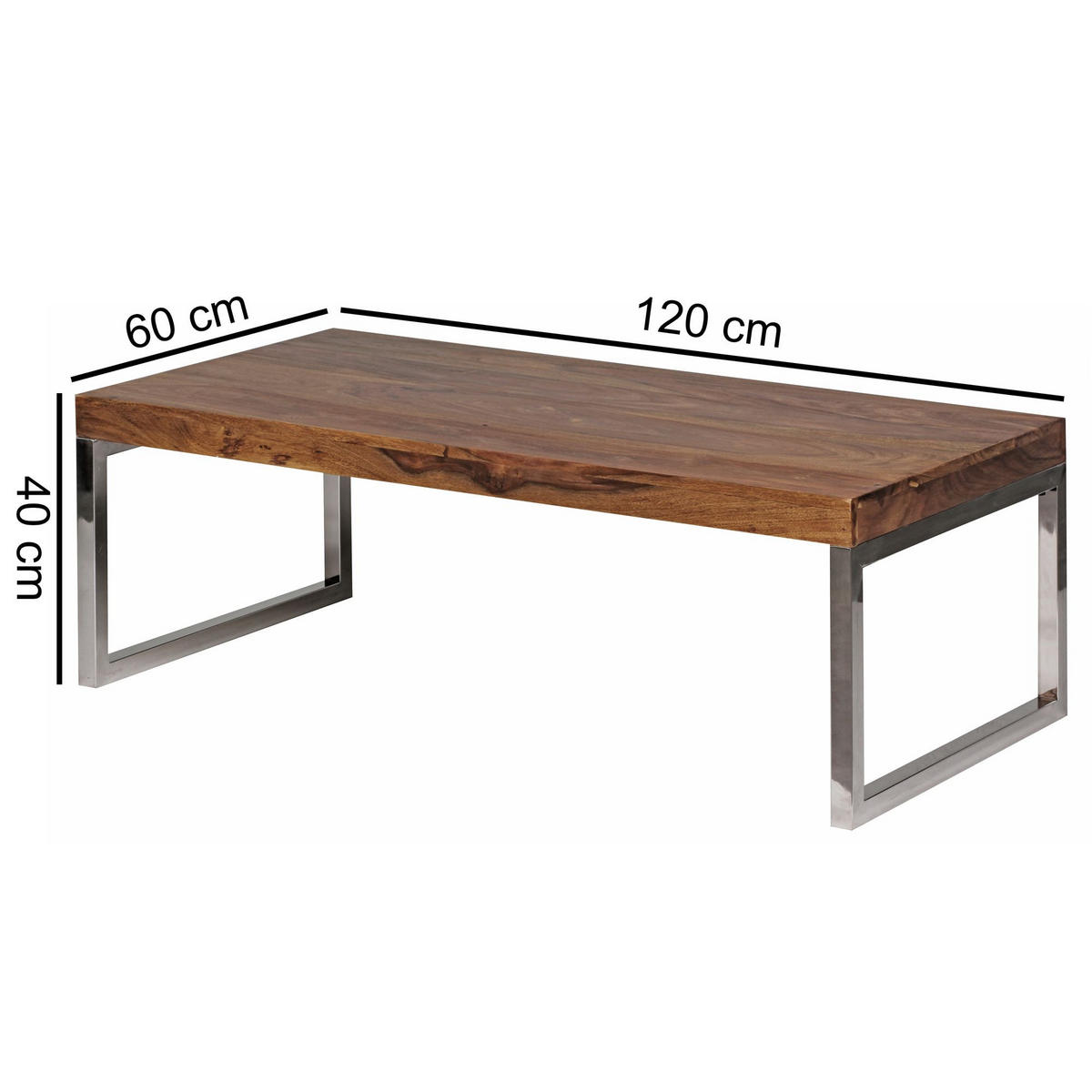 COUCHTISCH Massivholz mit Chromfüßen Handgefertigt, Braun 120x60x40 cm - Silberfarben/Braun, Holz/Metall (60/120/40cm) - KADIMA DESIGN