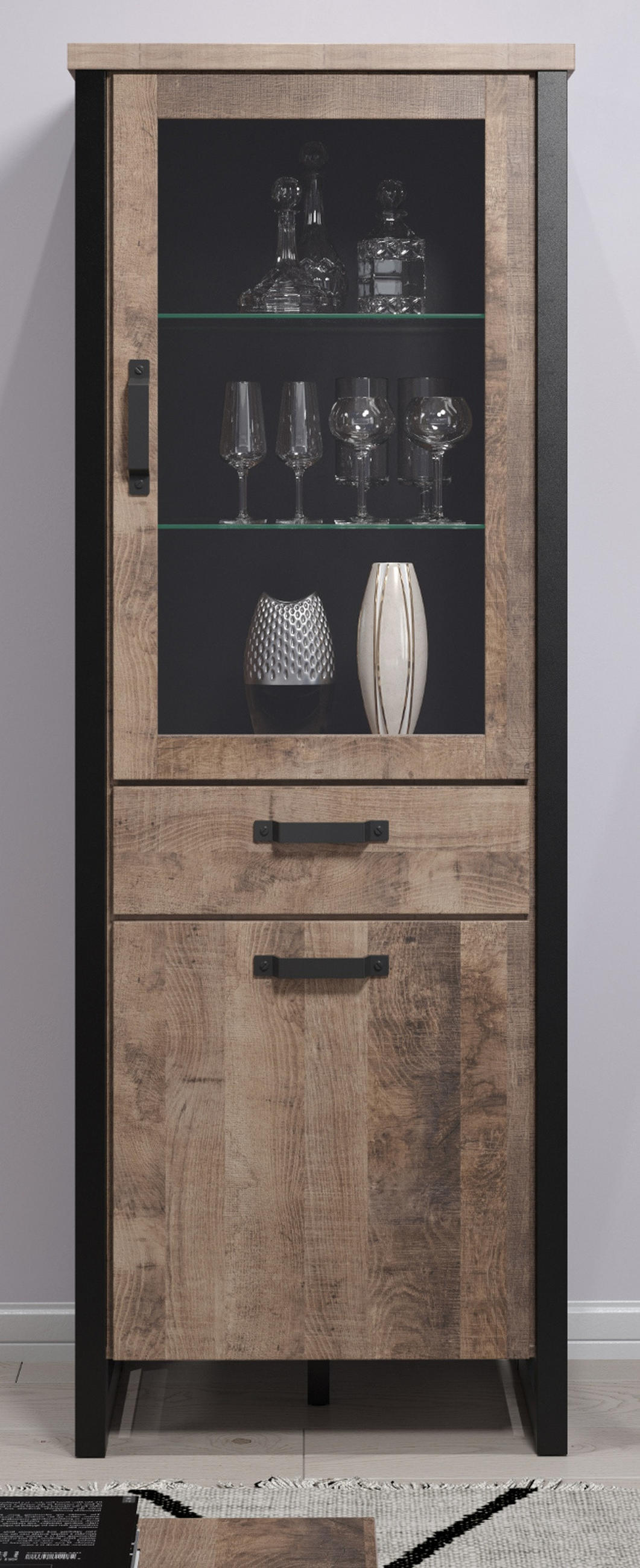 VITRINE Eiche Tabak, schwarz 70 x 195 cm, Vitrinenschrank für Wohn- und Esszimmer - Eichefarben/Schwarz, Glas/Holzwerkstoff (70/195/45cm) - Top.Furn