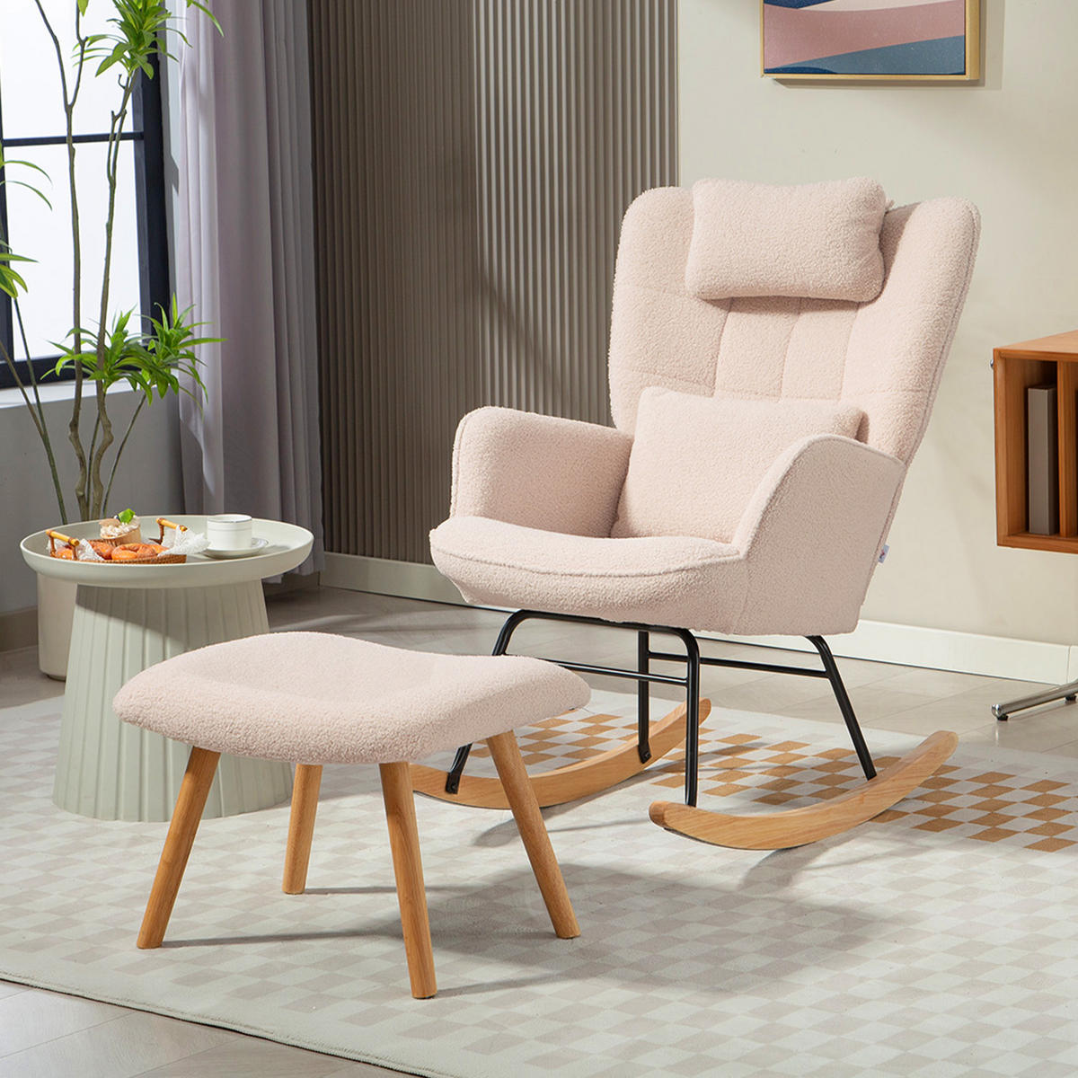 SCHAUKELSTUHL mit Fußhocker, weicher Fleece-Bezug, Holzbeine, Beige - Beige/Naturfarben, Holz/Buchenholz (70.5/99.5/101.5cm) - HOMCOM