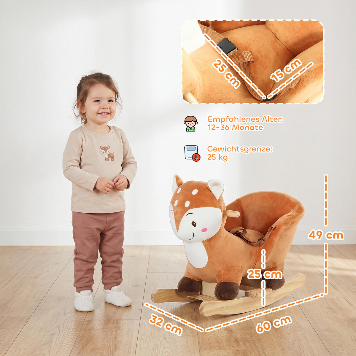 KINDER-SCHAUKELPFERD Holz Plüsch PP-Baumwolle Braun - Braun, Holz (32/49/60cm) - AIYAPLAY
