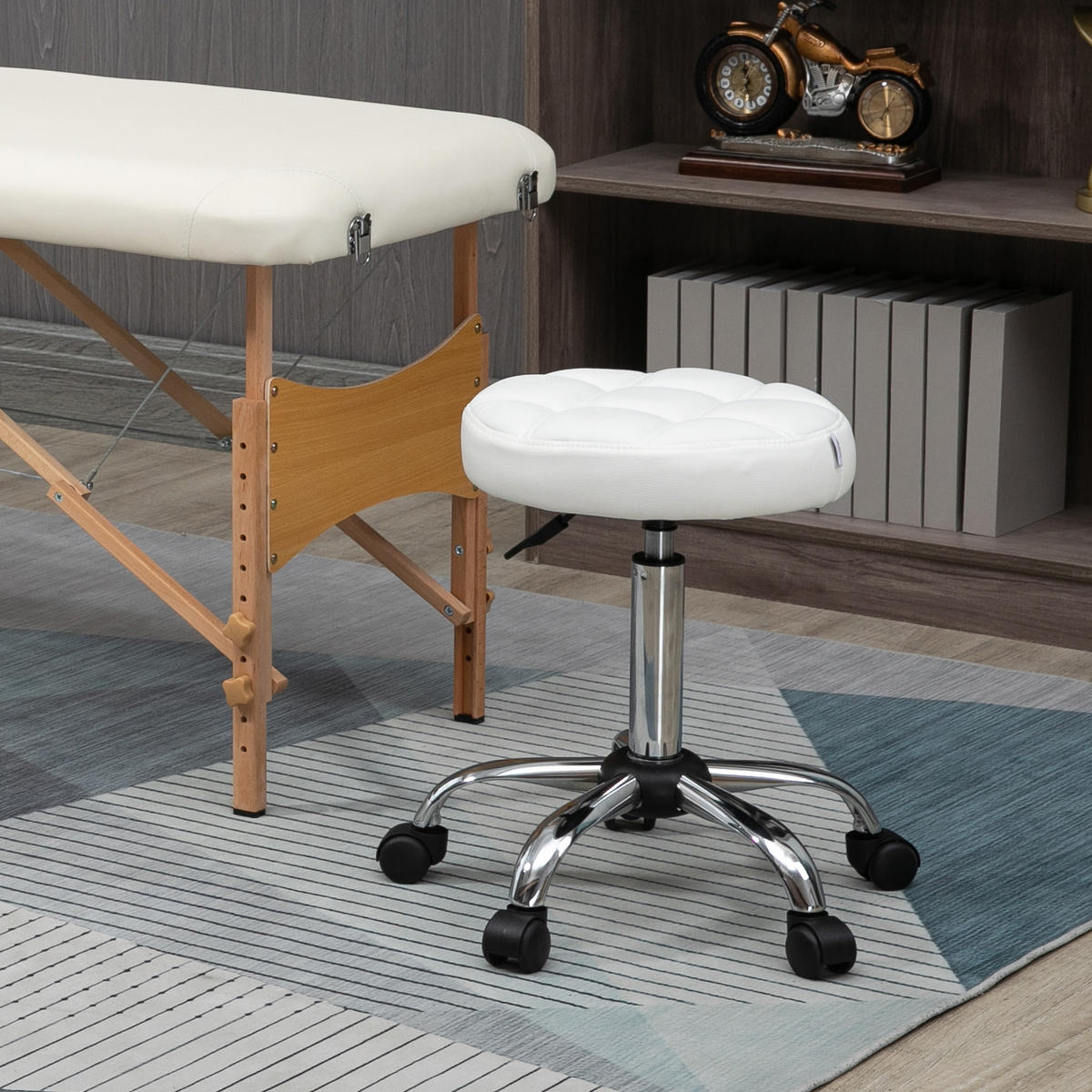 ROLLHOCKER Höhenverstellbarer Arbeitshocker, Drehbarer Salon Hocker für Büro - Weiß, Leder (35.5/67/35.5cm) - HOMCOM