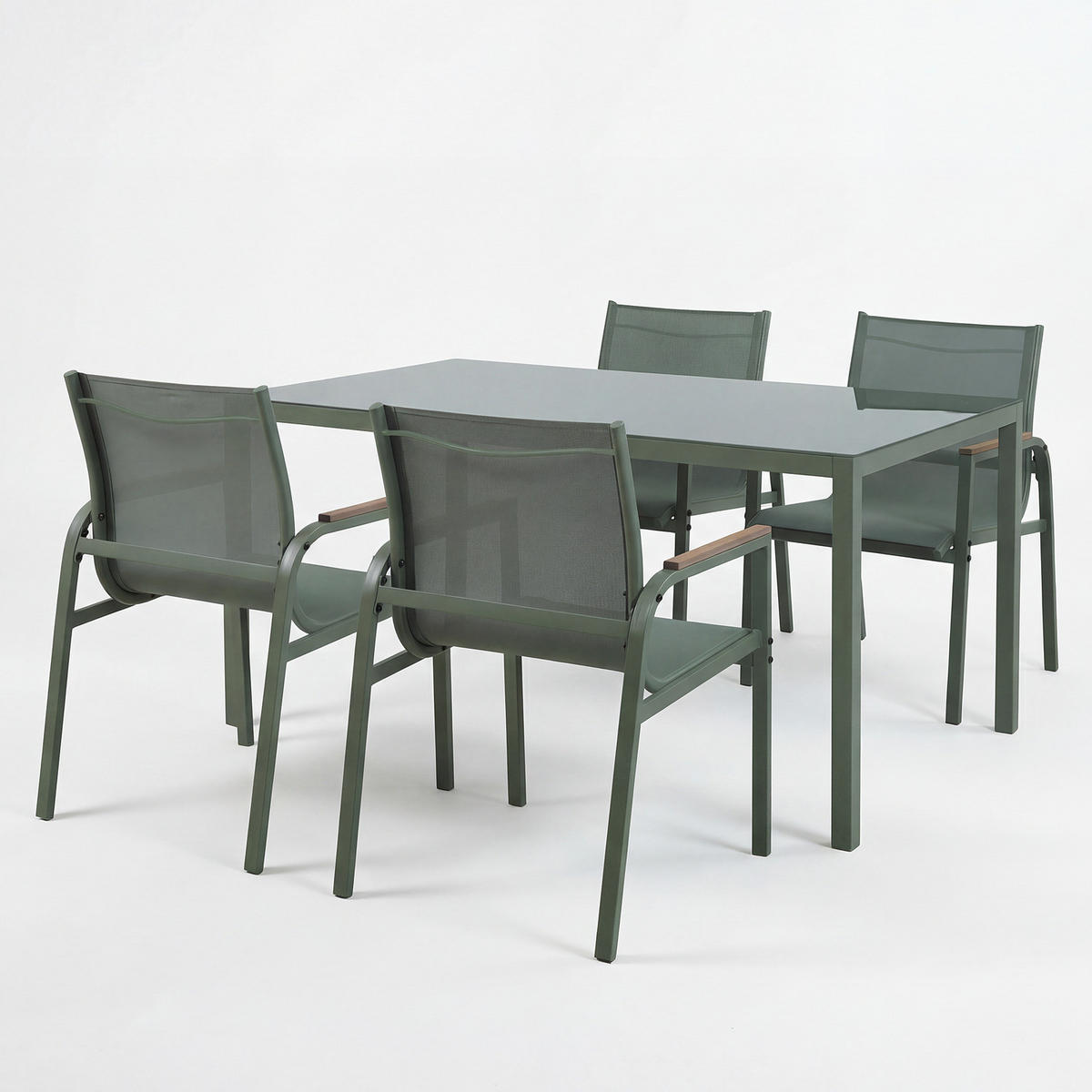 GARTENESSGRUPPE - 5-teilig - Stahl / Glas / Olefin - Salbeigrün, Glas/Textil - home24
