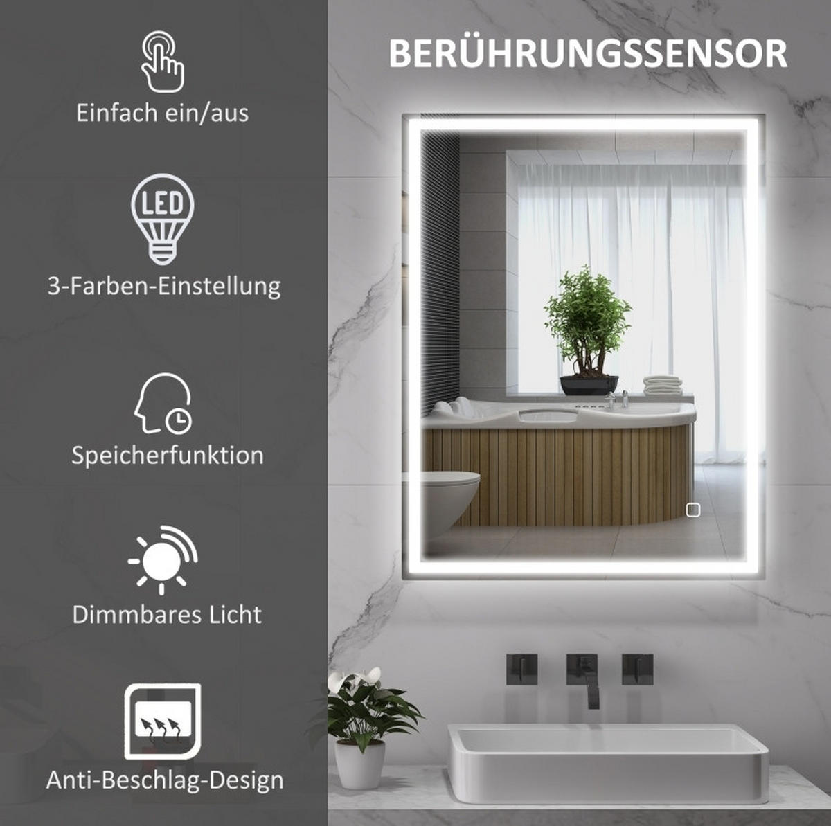 WANDSPIEGEL 90/70/4 cm Silber aus gehärtetem Glas mit LED, Antibeschlag und Memory-Funktion - Silberfarben, Glas (70/4/90cm) - OKWISH