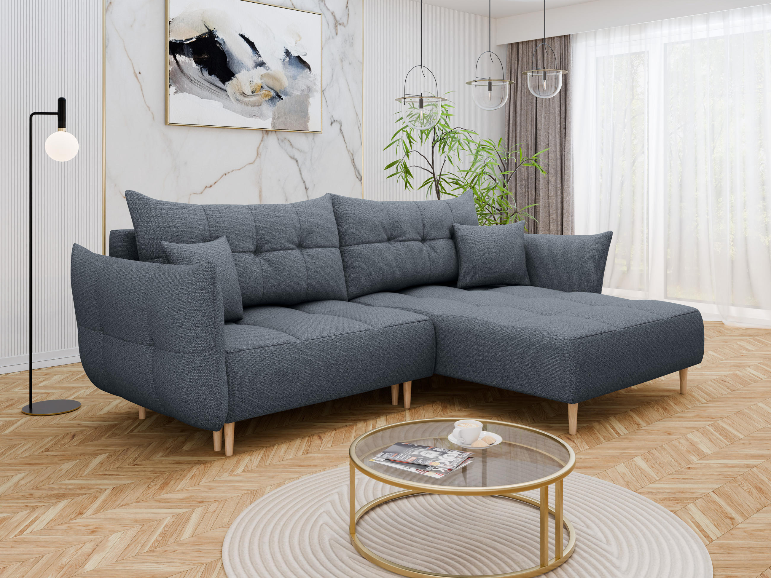 ECKSOFA RAIN: Universell klappbar mit Stauraum aus grauem LOFT-Stoff - Grau, Holz (267/172cm) - Panda Möbel