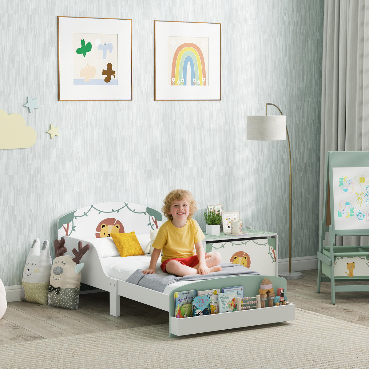 KINDERBETT 140x70 cm DE-14658 mit Schutzbügeln & Stauraum Grün - Grün, Holzwerkstoff (70/140cm) - ComfortXL