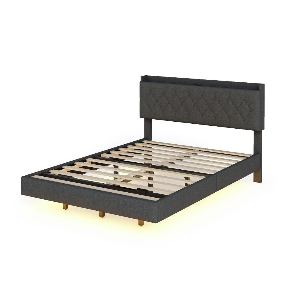 POLSTERBETT 140x200cm,mit USB-Ladeanschluss und LED-Farbwechselstreifen,Beige - Grau, Textil/Metall (140/200cm) - KOMHTOM