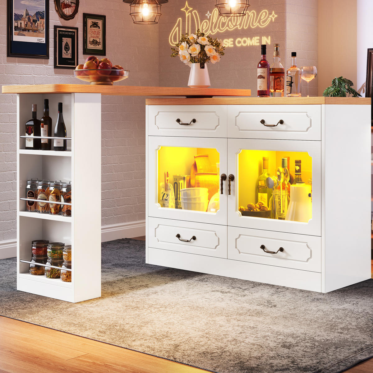 KÜCHENINSEL aus MDF 135-203x39x92,8cm in Weiß mit LED - Weiß, Holzwerkstoff (39/92.8/203cm) - Modfu