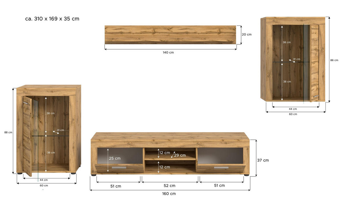 WOHNWAND Milo 4 tlg. (B/H/T: ca. 310/169/40 cm) in Wotan Eiche /Wotan Eiche - Eiche Wotan, Holzwerkstoff (310/169/40cm)