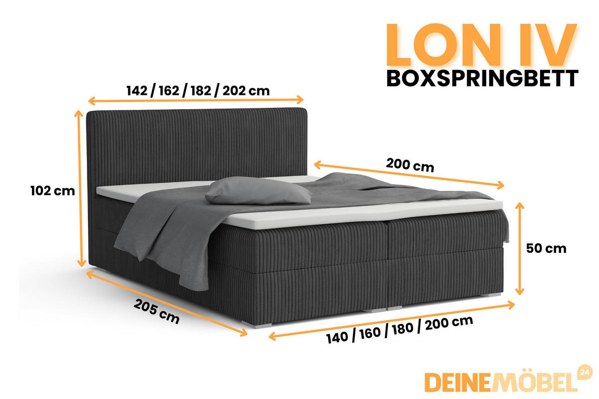 BOXBETT LON IV 160/200 in Cord Anthrazit H3 - Anthrazit, Holz/Holzwerkstoff (160/200cm) - Deine Möbel 24
