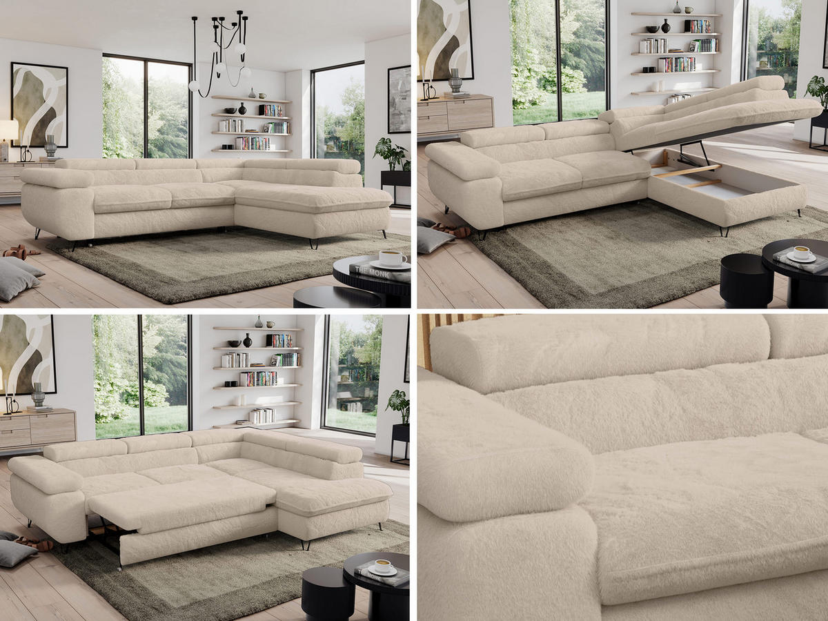 ECKSOFA PEDRO L Ecru Plüsch - Rechts Seite - Ecru/Schwarz, Textil/Metall (273/208cm) - MKS