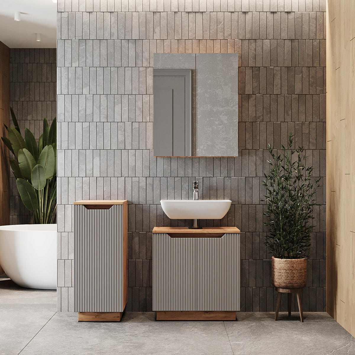 BADMÖBEL-SET Lotta Eiche/grau gestreift 3 Teile - Grau, Holzwerkstoff (59.8/62.1/32cm) - Vicco