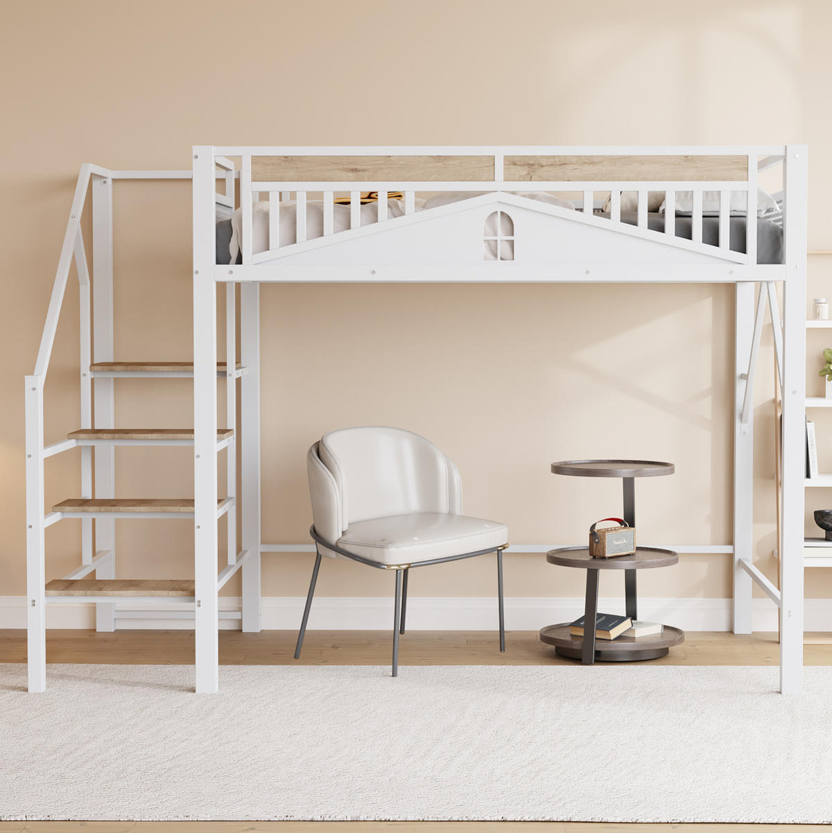 HOCHBETT 140/200 cm in Weiß – mit Rausfallschutz, seitlicher Leiter und Stauraum - Weiß, Metall (140/200cm) - BEAOK