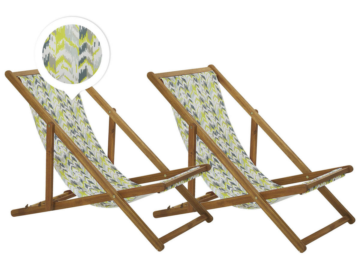 GARTENLIEGE 2er-Set hellbraun Textil weiß/gelb ZickZack-Muster Anzio - Hellbraun/Goldfarben, Textil (54/70/97cm) - Beliani