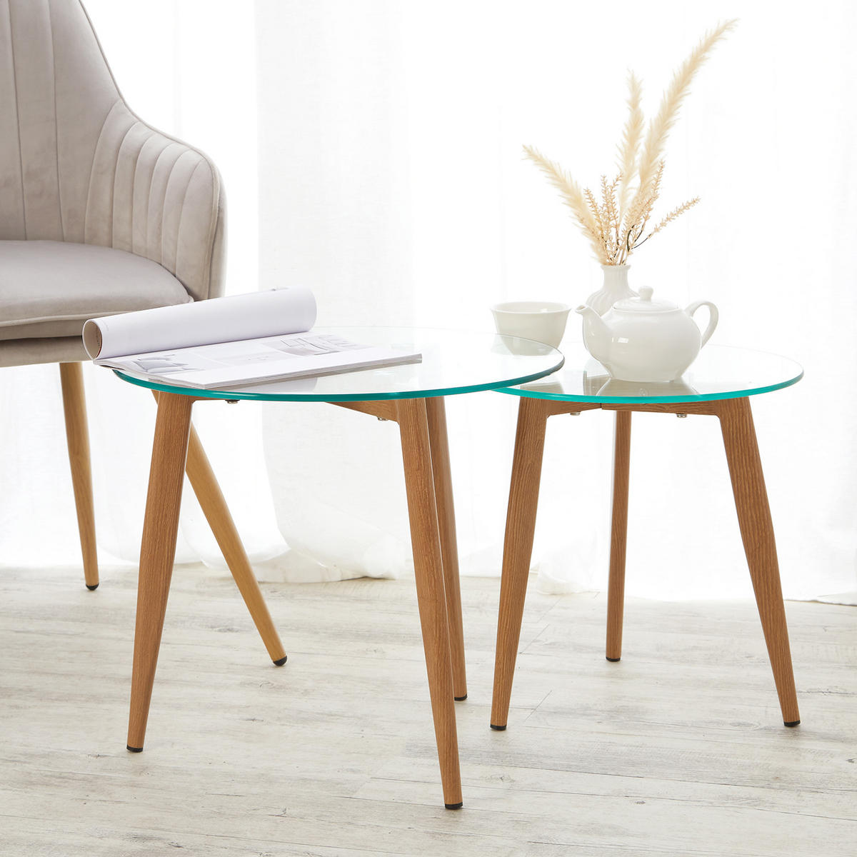 BEISTELLTISCH rund Glas 2er Set - Naturfarben, Glas (49/50/44cm) - Homestyle4u