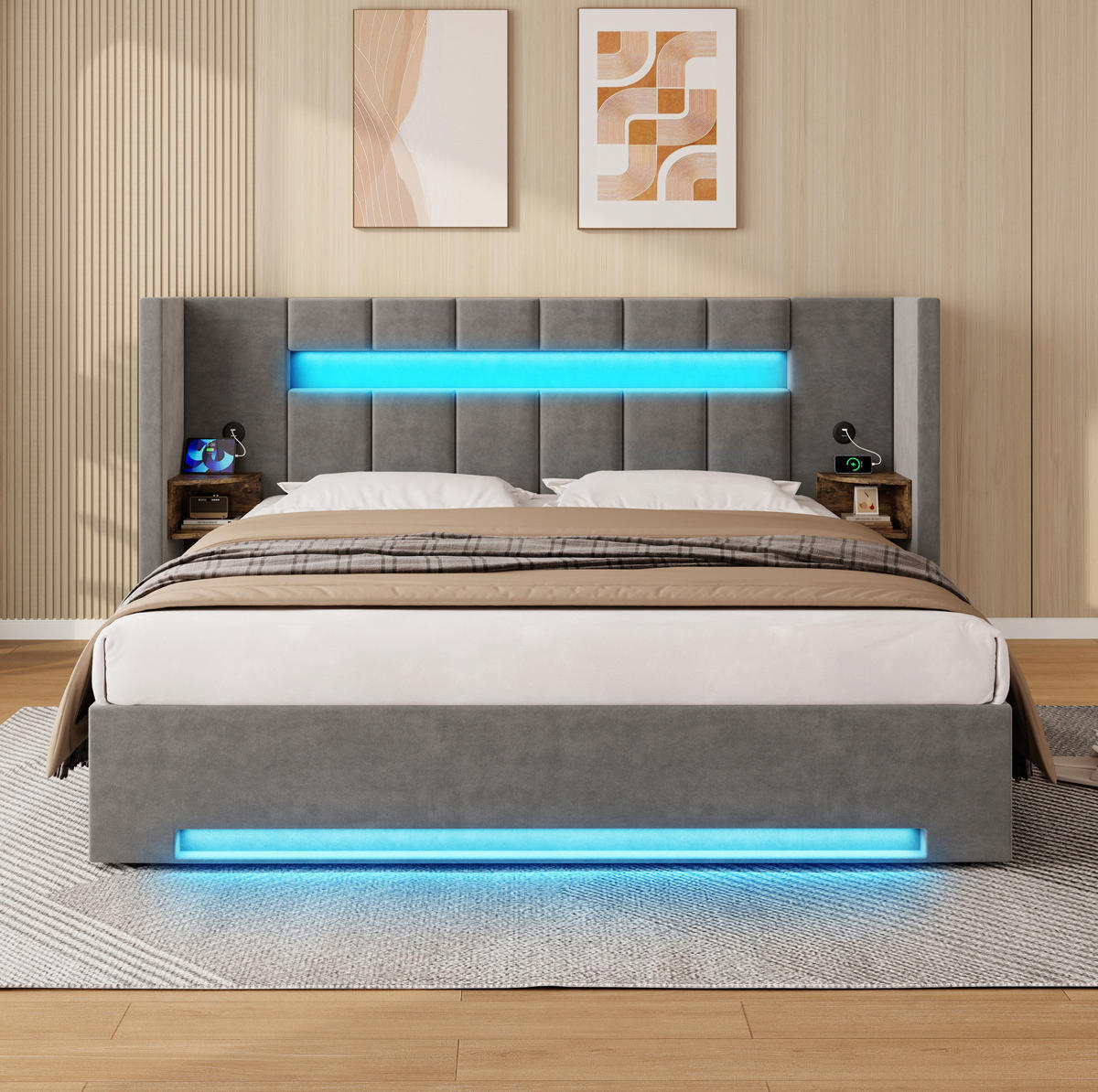 POLSTERBETT 180/200 cm mit USB-Anschlüssen, LED-Beleuchtung, Hydraulik und Stauraum, Dunkelgrau - Dunkelgrau, Textil (180/200cm) - Redom