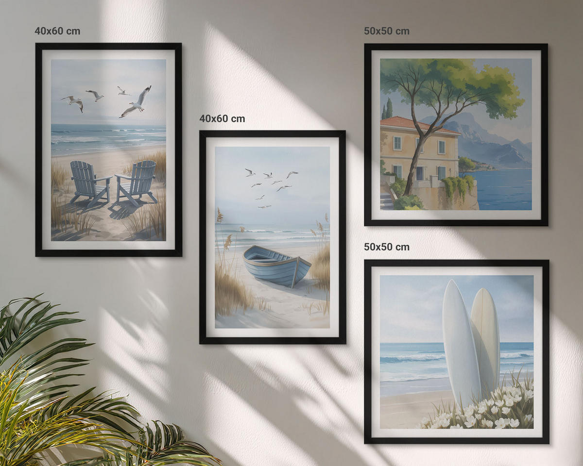 BILDER SET 4er Set - 50x50 cm & 40x60 cm Schwarzer Rahmen - Strandbretter, Surfboote, Vögel - Schwarz, Kunststoff (50/50cm) - TULUP