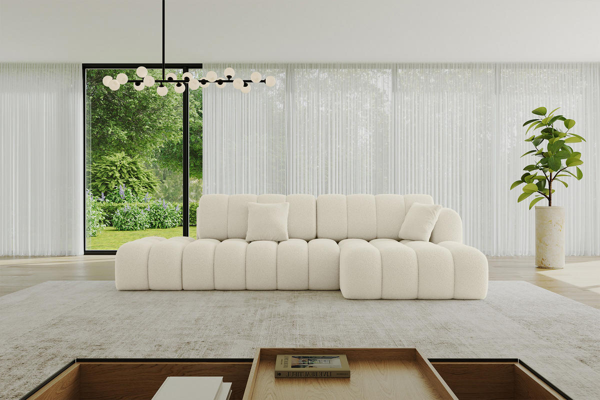ECKSOFA mit Schlaffunktion Ottomane RECHTS OLEA-L2 321x164x75 Beige Bouclé - Beige/Schwarz, Holzwerkstoff/Kunststoff (164/321cm) - ALTDECOR