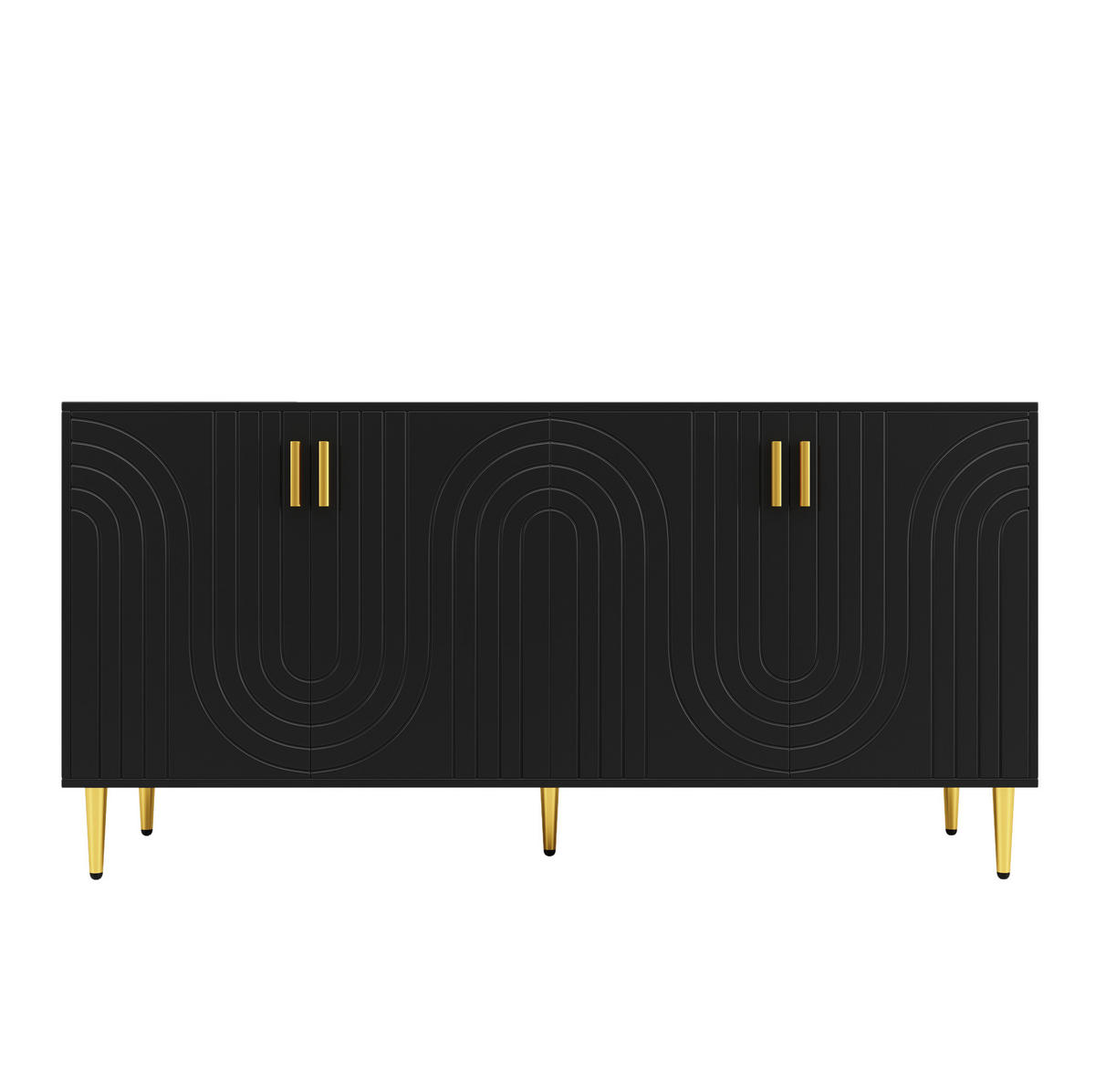 SIDEBOARD 152/40/75 cm in Schwarz mit Wellenfront und goldfarbenen Details - Schwarz, Holzwerkstoff (152/75/40cm) - Flora Grace