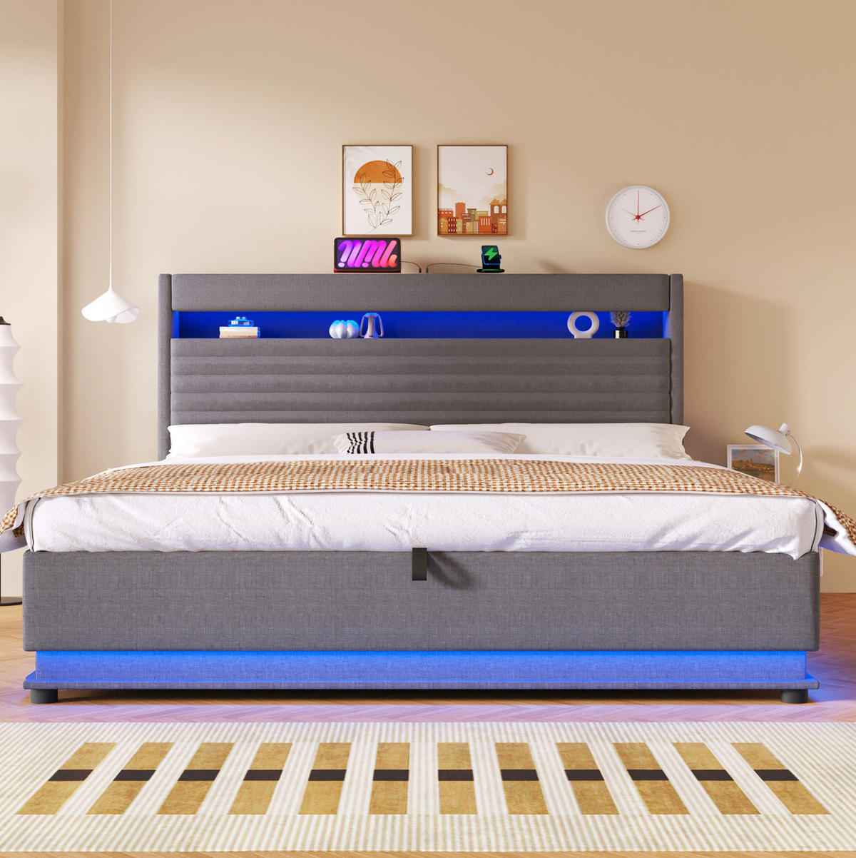 POLSTERBETT 180/200 cm mit LED-Beleuchtung, USB- und Typ-C-Anschluss, hydraulischem Stauraum und Leinenbezug, Grau - Grau, Textil (180/200cm) - Redom