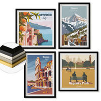 WANDBILDER 4er-Set - 50x50 cm & 40x60 cm Schwarzer Rahmen - Retro-Illustrationen berühmter Orte - Schwarz, Kunststoff (50/50cm) - ArtPrintCave