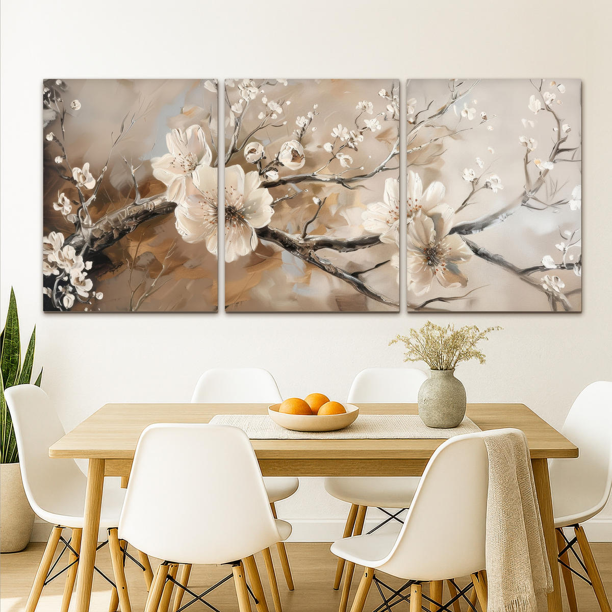 LEINWANDBILD 3er Set Blüte - Beige - Abstrakt - Blumen 180x80 cm - Hellbraun, Textil (180/80cm) - MuchoWow