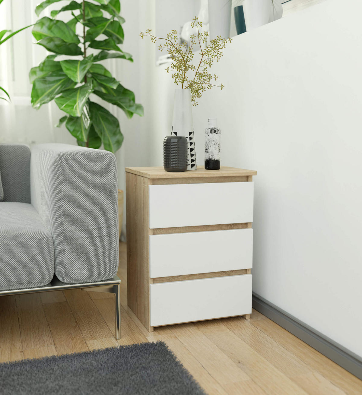 NACHTTISCH Sonoma Eiche, Weiß 40x57x35 cm - Weiß/Sonoma Eiche, Holzwerkstoff (40/57/35cm) - Akord