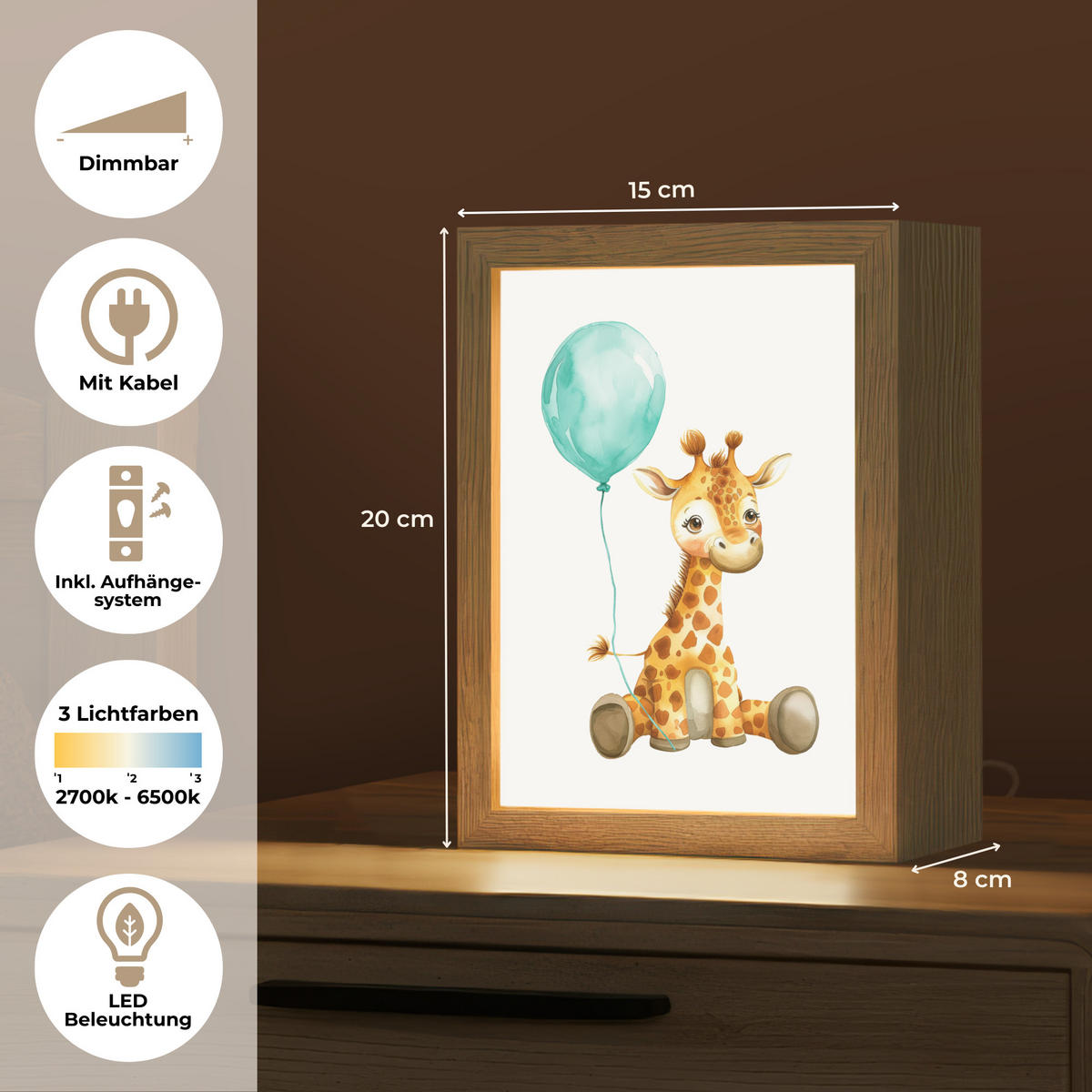 NACHTTISCHLAMPE Giraffe - Baby - Tiere - Blauer Ballon 15x20 cm - Weiß, Holzwerkstoff (8/15/20cm)