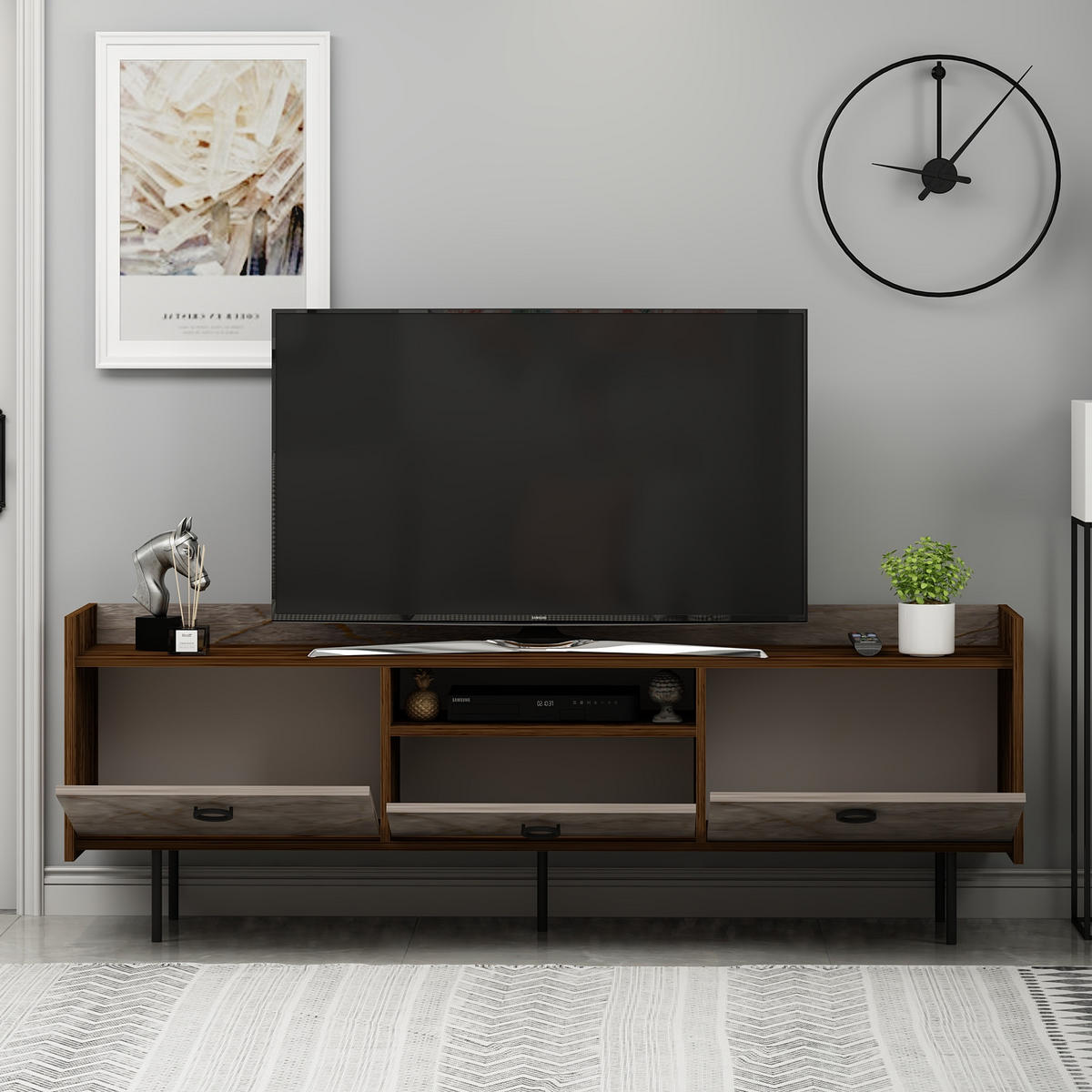TV-LOWBOARD Büsra Braun Grau 3 türig 9192 - Schwarz/Braun, Holzwerkstoff/Metall (184/63/37cm) - moebel17