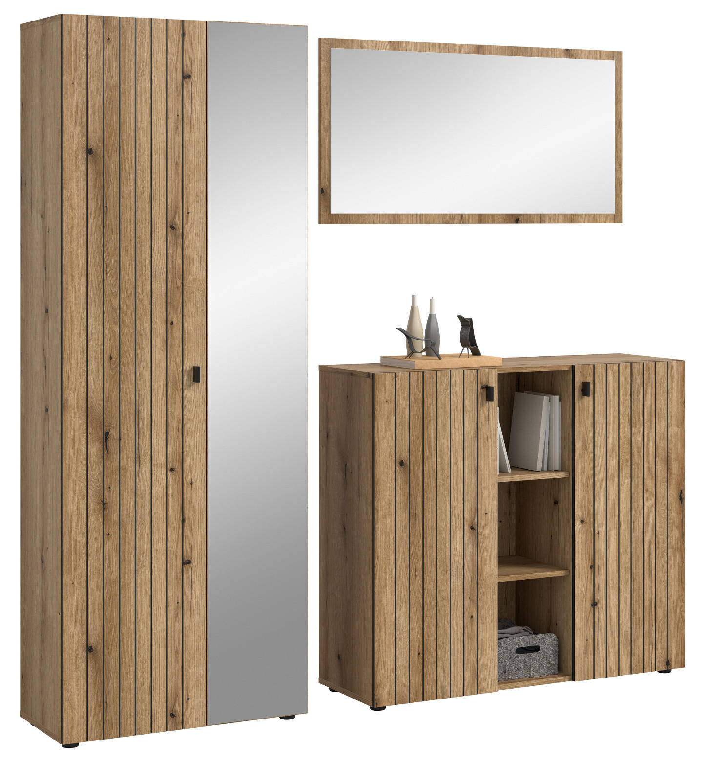 GARDEROBEN-SET Evoke Eiche 3-teilig 191 cm, Garderobenkombination mit viel Stauraum - Schwarz/Eiche Artisan, Glas/Holzwerkstoff (191/192/37cm) - Inn.Furn