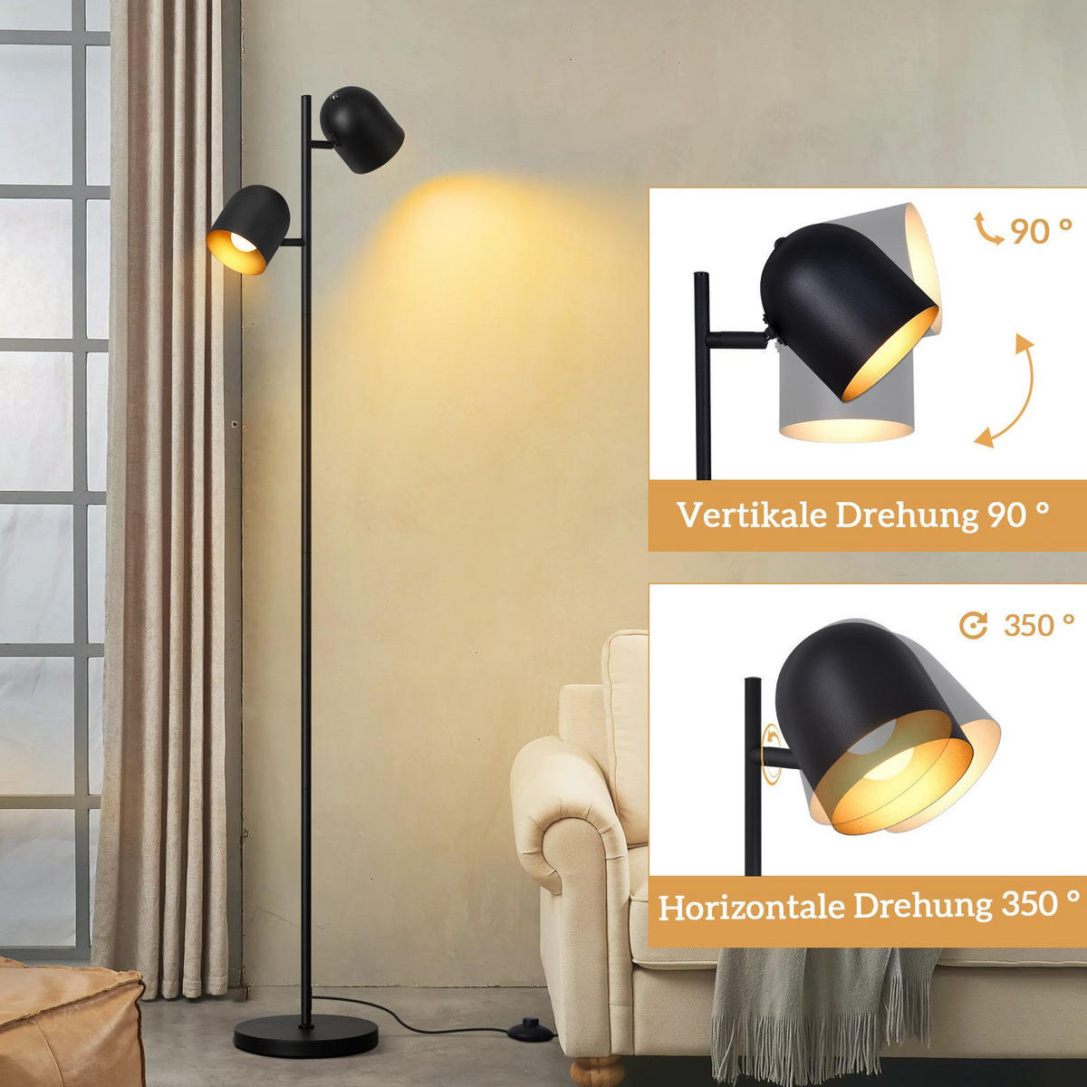 STEHLAMPE Zyxqa 22.0/145.0/35.0 cm - Schwarz, Metall (35/22/145cm) - ZMH