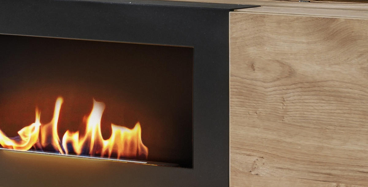 WOHNWAND Eiche, schwarz 4-teilig 350 cm, Schrankwand mit Kamin, inkl. Beleuchtung - Eichefarben/Schwarz, Glas/Holzwerkstoff (350/197/45cm) - Inn.Furn