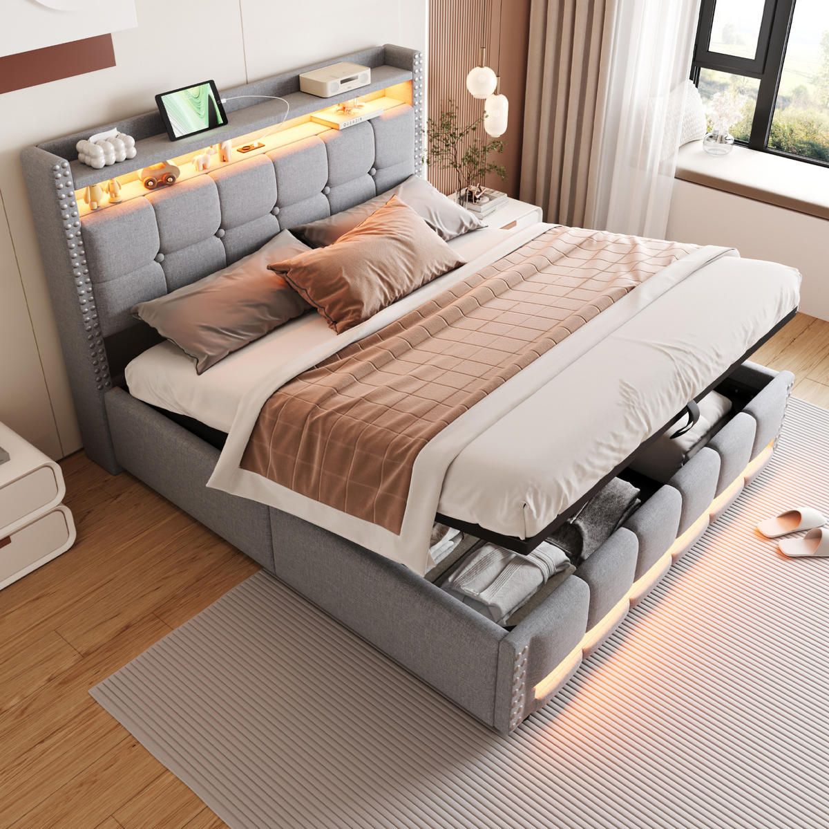 POLSTERBETT 160/200 cm mit LED-Beleuchtung, Bettkasten und gepolstertem Kopfteil - Hellgrau, Textil (160/200cm) - BEAOK