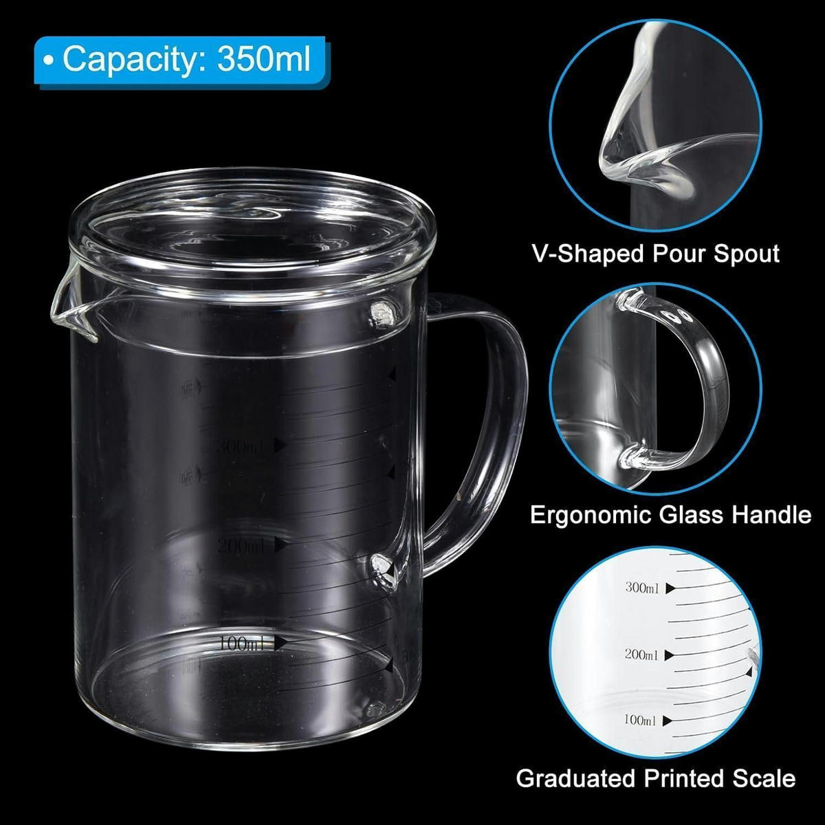 MESSBECHER 350ml Borosilikatglas mit Deckel und Ausguss - Schwarz, Glas (0.35L)