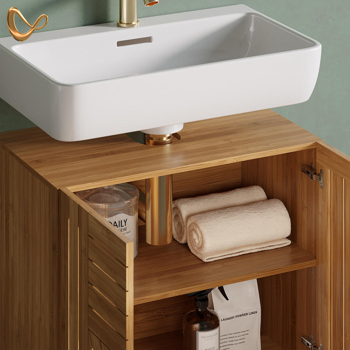 VANITY ENOTA ZA UMIVALNIK Olona, Bambus, 60 x 65 cm z 2 vrati - naravne barve, leseni material (60/65/36cm) - Livinity®