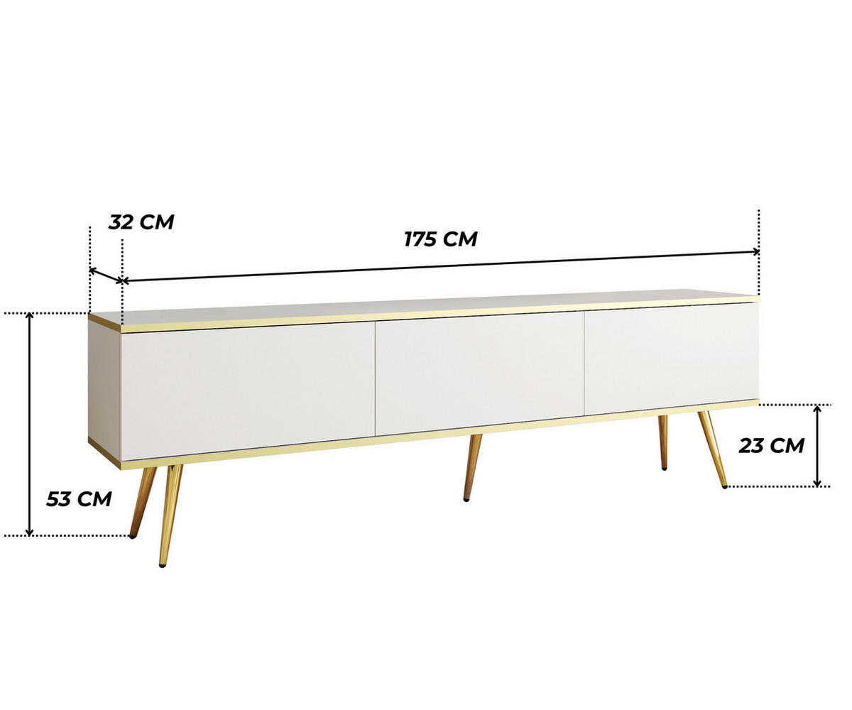 TV-LOWBOARD FORNO (Weiß, Goldene Details, 3 Türen, goldene Metallfüße, 175 cm) - Gelb/Goldfarben, Holz/Holzwerkstoff (175/53/32cm) - Ravio