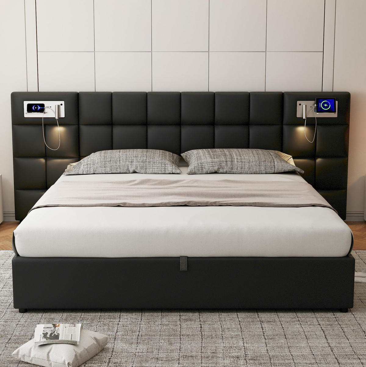 POLSTERBETT 180/200 cm mit Bettkasten, USB und LED-Beleuchtung in Schwarz - Schwarz, Kunststoff (180/200cm) - BEAOK