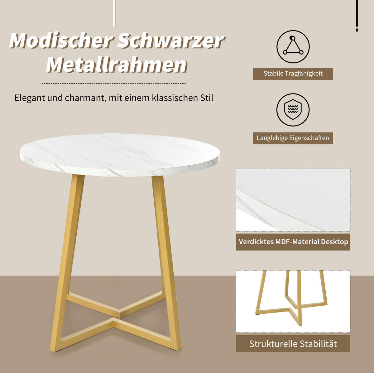 ESSTISCH 80/75 cm in Weiß mit Marmormuster und Metallgestell - Weiß, Holzwerkstoff (80/80/75cm) - Flora Grace
