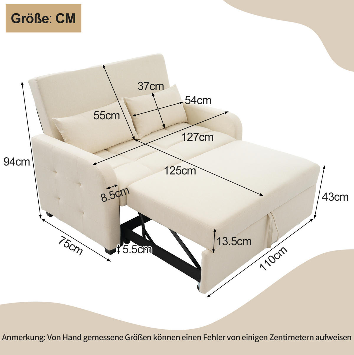 SCHLAFSOFA klappbar mit verstellbarer Rückenlehne 127 x 75 cm Beige - Beige, Metall (75/94/127cm) - Meubliv