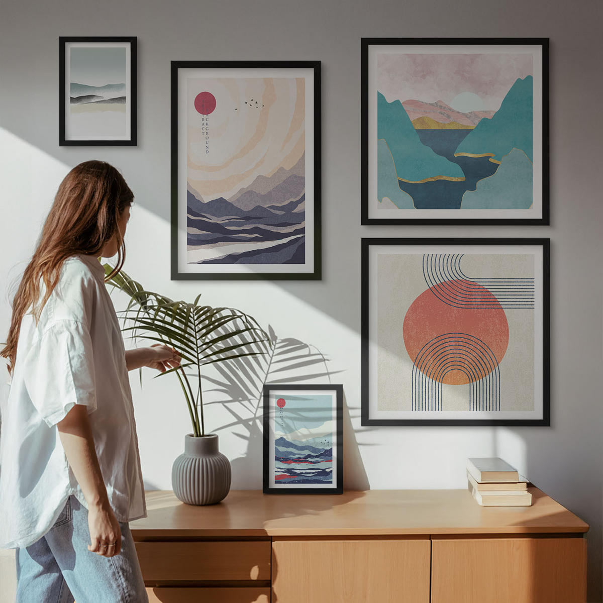 WANDBILDER 5er-Set - 50x50 cm & 20x30 cm & 40x60 cm Schwarzer Rahmen - Farbenfrohe Muster der Japandi-Flussberge - Schwarz, Kunststoff (40/60cm) - ArtPrintCave