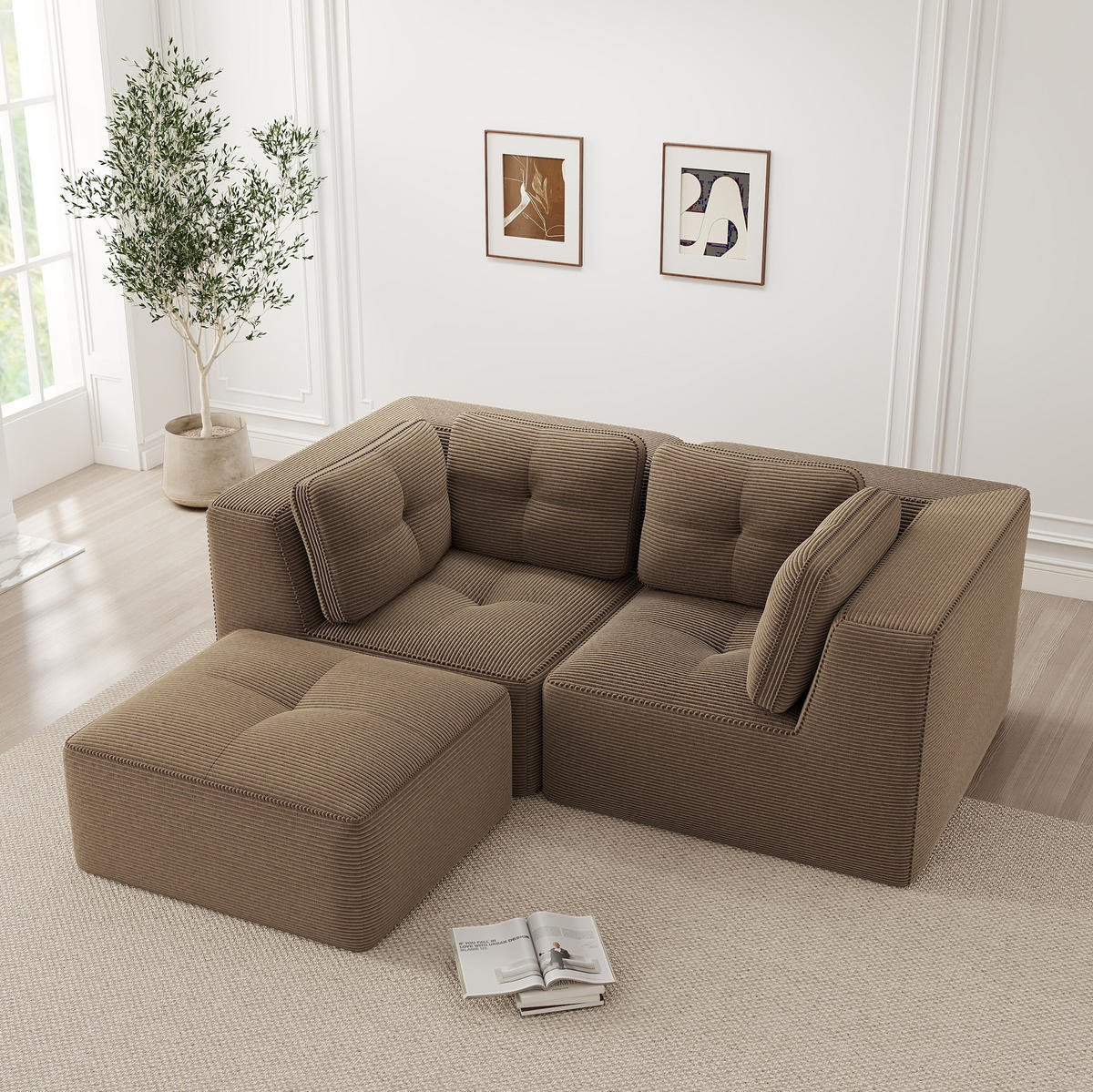 ECKSOFA 208/177/69 cm braun aus Cord mit modularem Design und beweglichem Hocker - Braun, Textil (177/208cm) - OKWISH