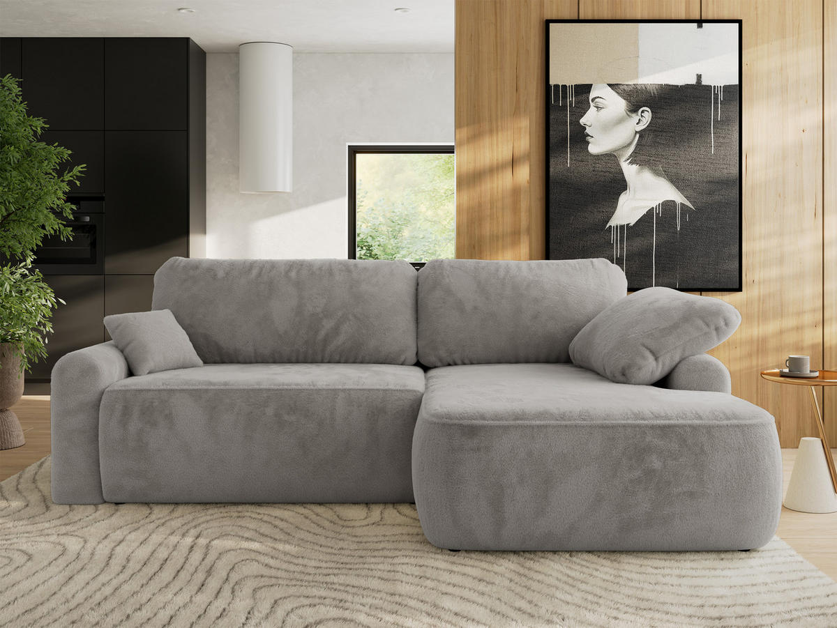 ECKSCHLAFSOFA CUBO L Hellgrau Plüsch - rechts - Hellgrau/Schwarz, Kunststoff/Textil (187/273cm) - MKS