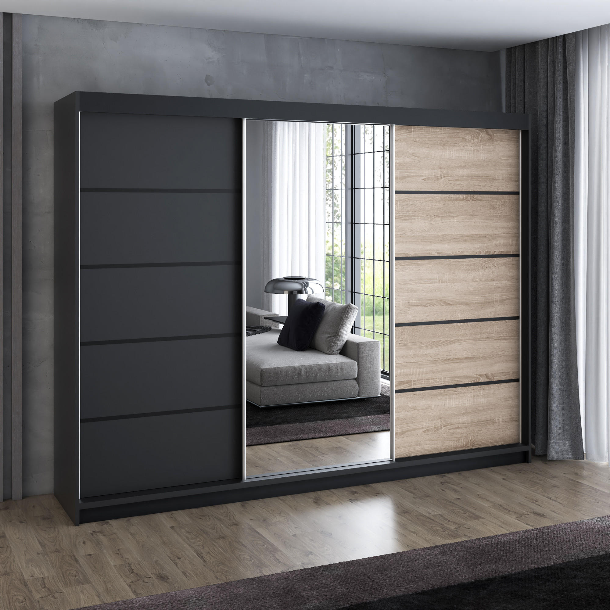 SCHWEBETÜRENSCHRANK 200 cm VILANO 2 Farbe: Schwarz, Schwarz, Sonoma - Schwarz/Braun, Holzwerkstoff (200/215/59.5cm) - A&J MöbelLand