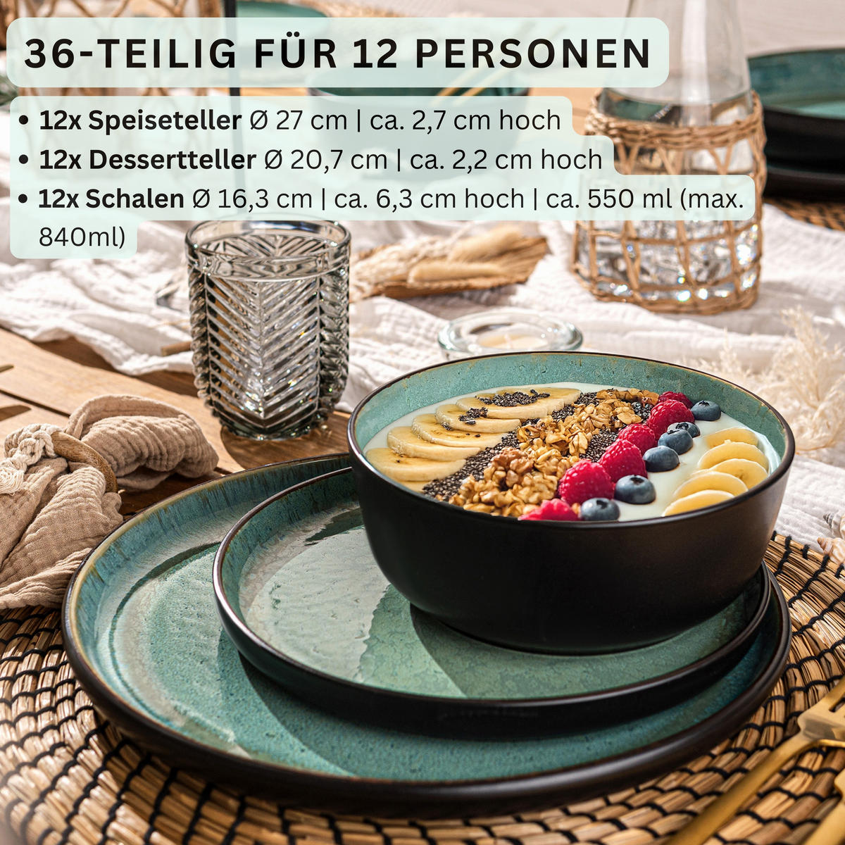 TAFELSERVICE FIJI - 36 teilig aus Steingut 12 Personen - Grün, Stein (50/30/80cm) - Sänger