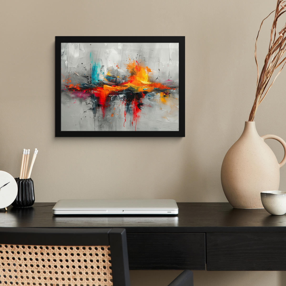 POSTER MIT RAHMEN Moderne Kunst - Orange - Grau - Abstrakt 40x30 cm - Hellgrau, Papier (40/30cm) - MuchoWow